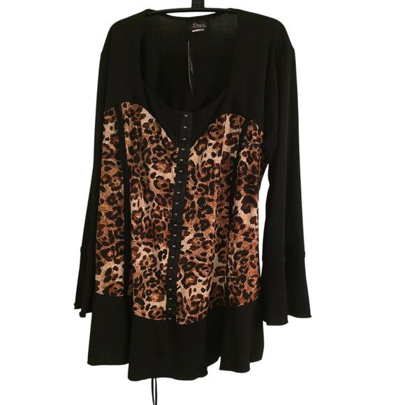 Dare to Wear Leopard print Body Con Back Lace Bell Sleeve Blouse 3XL - Picture 1 of 13